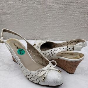 Rialto Casby White Silver Metallic Bow Cut Out Cork Wedged Heel Slingback Shoe